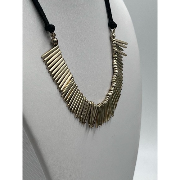 Natasha Gold Tone Spikes Dangles Black Leather Necklace - Picture 3 of 13